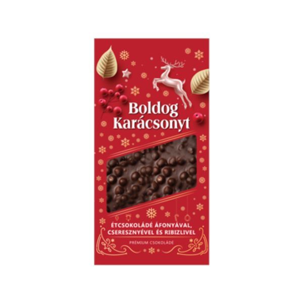 Boldog Karácsonyt 100G Prémium Táblás Étcsokoládé Áfonyával Cseresznyével és Ribizlivel
