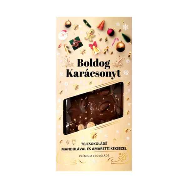 Boldog Karácsonyt 100G Prémium Táblás Tejcsokoládé Mandulával és Amaretti Keksszel